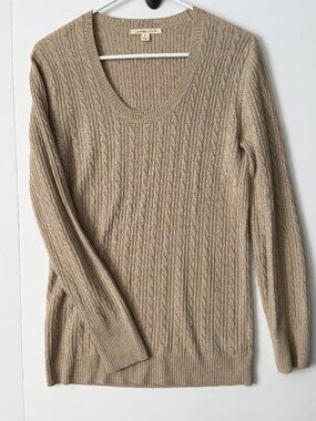 Cashmere Blend Cable Knit Scoop Neck Sweater Tan Camel Large Cozy Fall Layer